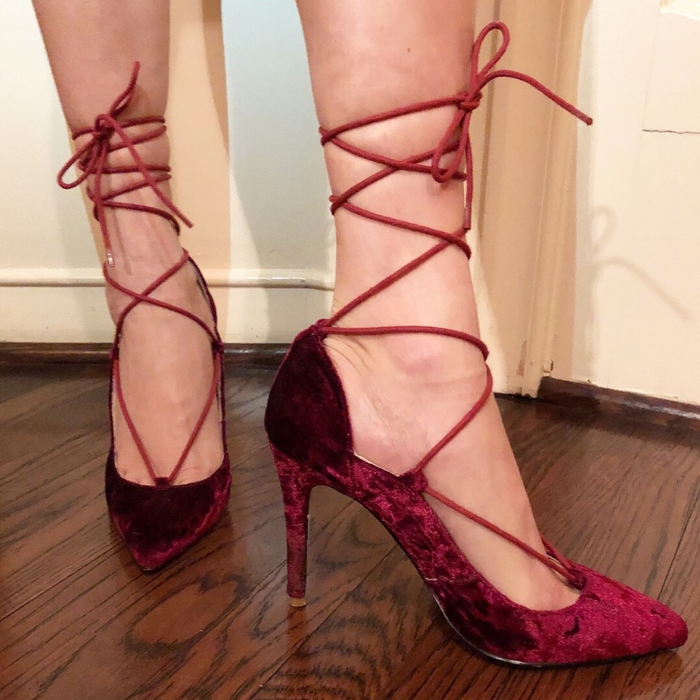 Raye the Label red velvet lace up heels